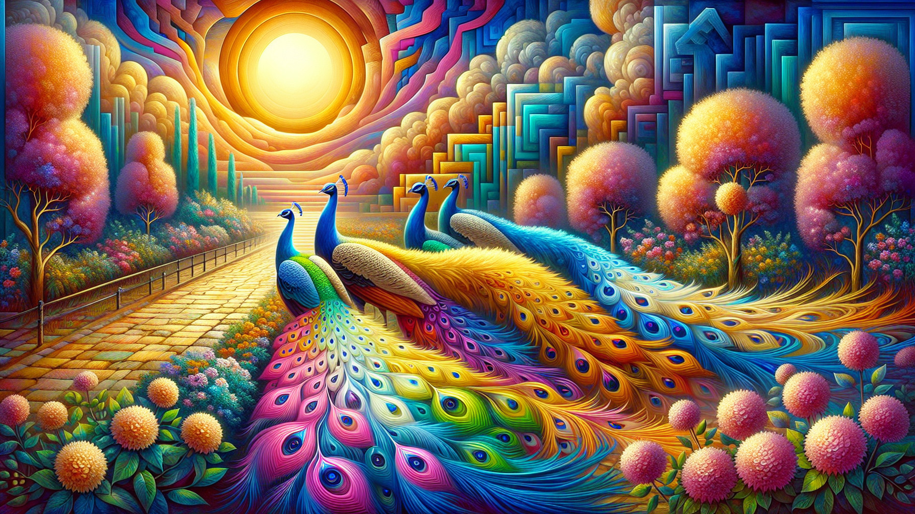 Surreal Landscape with Colorful Peacocks and Flowers