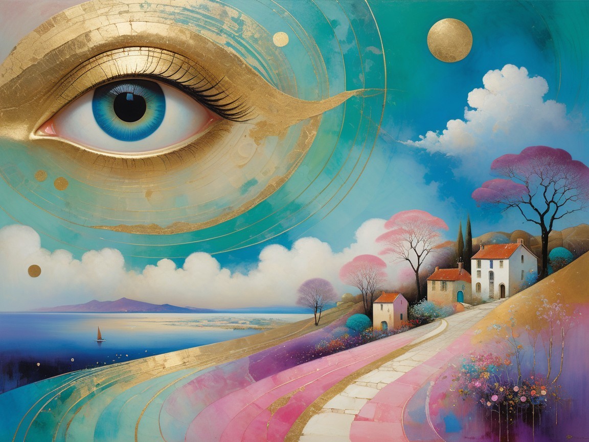Vibrant Landscape with Stylized Eye and Cottages