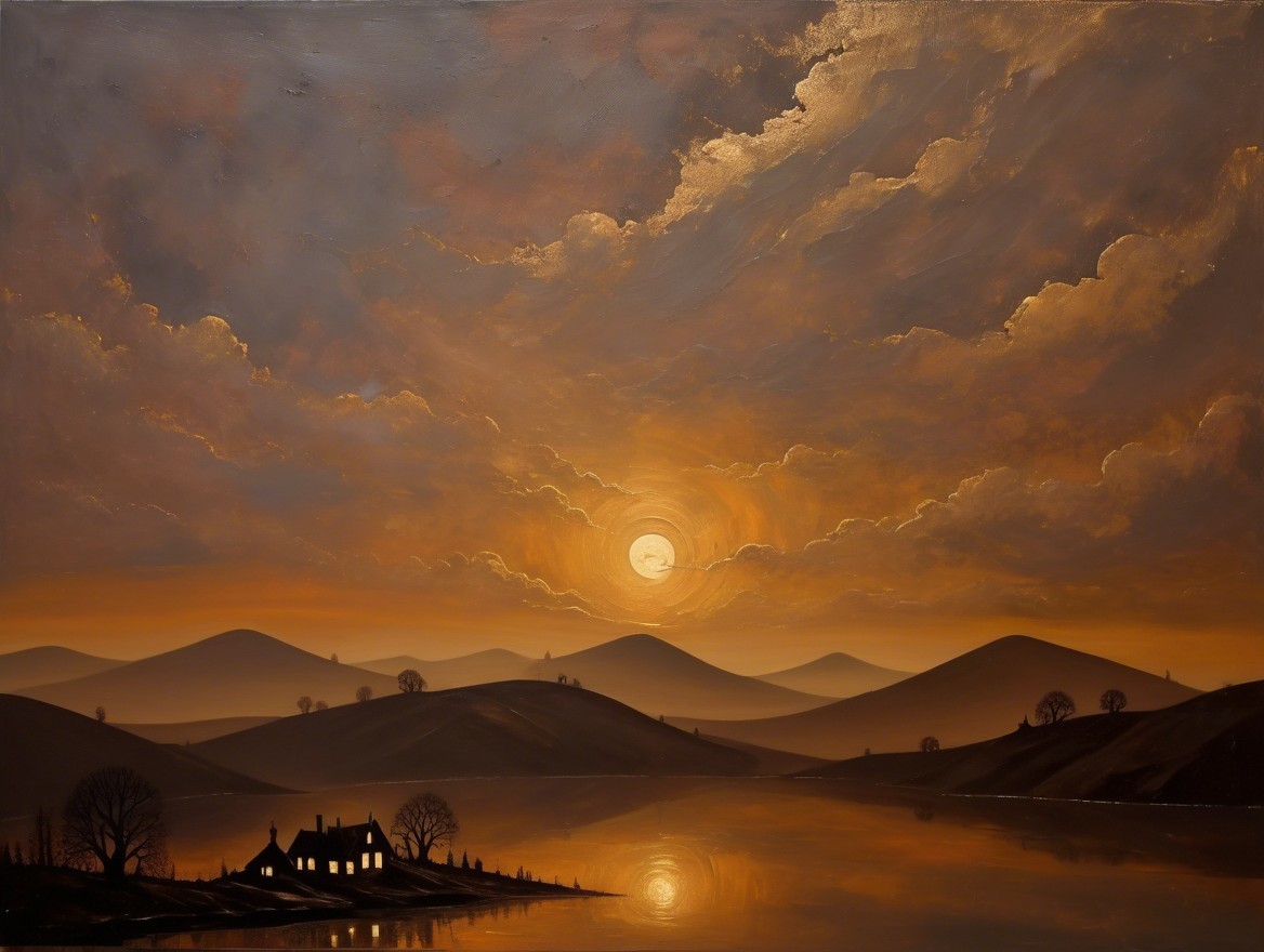 Tranquil Lake at Sunset with Rolling Hills and House