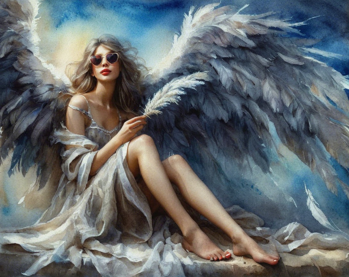 Graceful figure with wings in serene blue sky