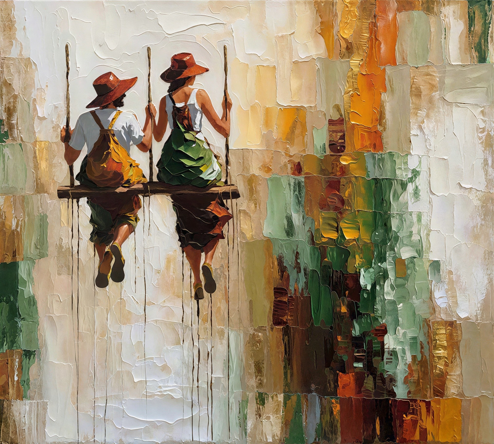 Oil Painting of a Couple on a Wooden Swing