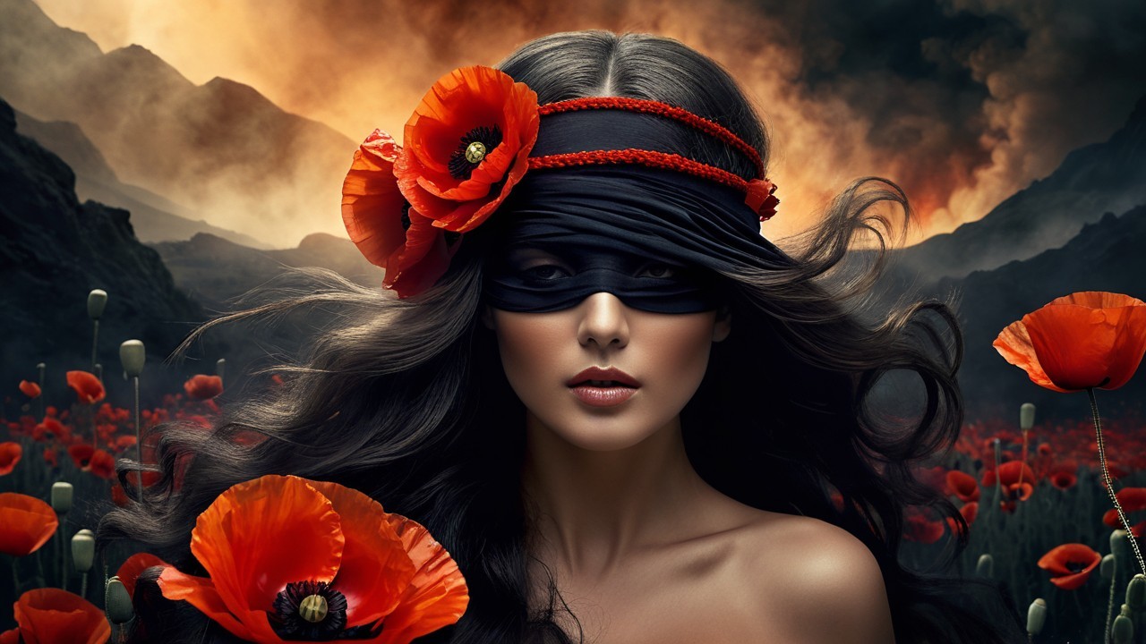 Figure in a Field of Red Poppies with Smoky Mountains