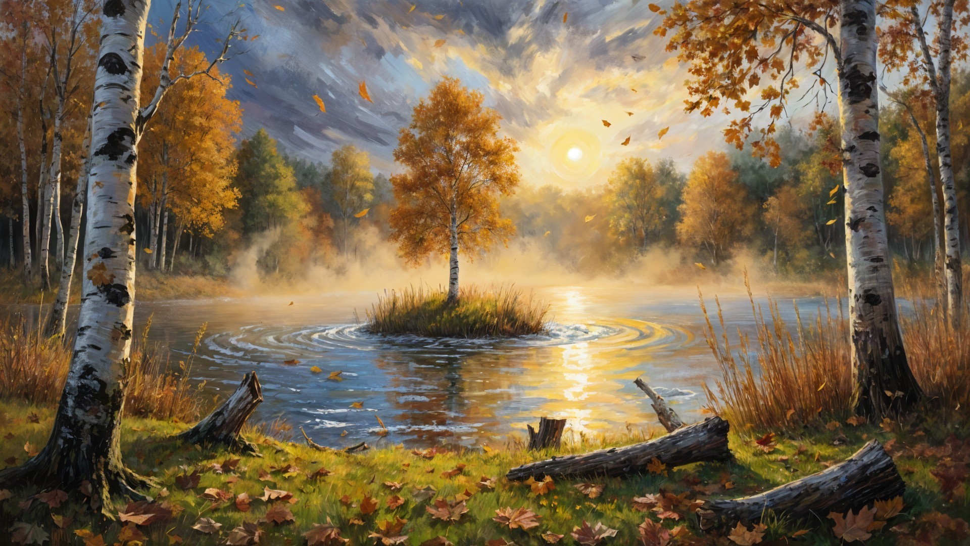 Autumn Landscape with Lake and Birch Trees