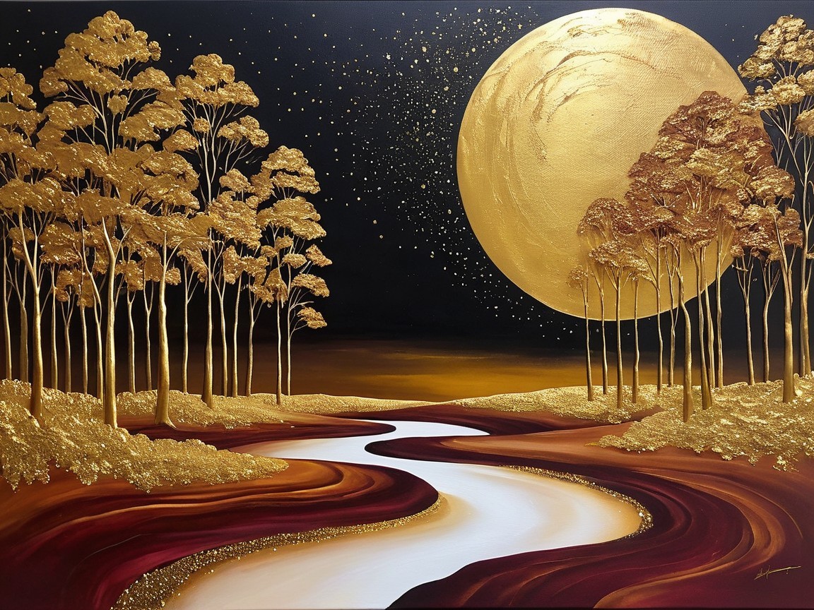 Serene Landscape with River and Golden Trees at Night