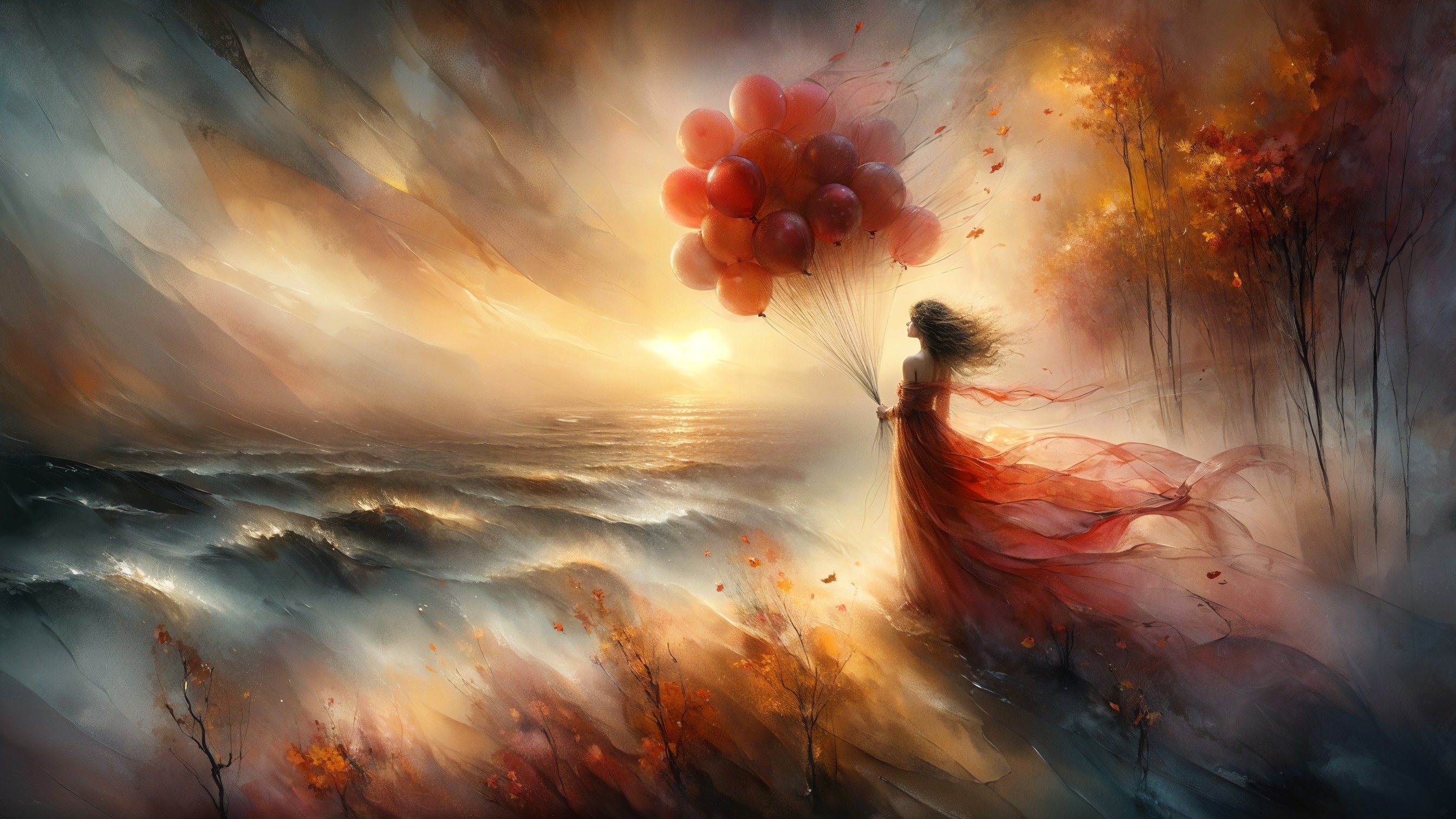Figure in Red Dress by Tumultuous Sea at Sunset