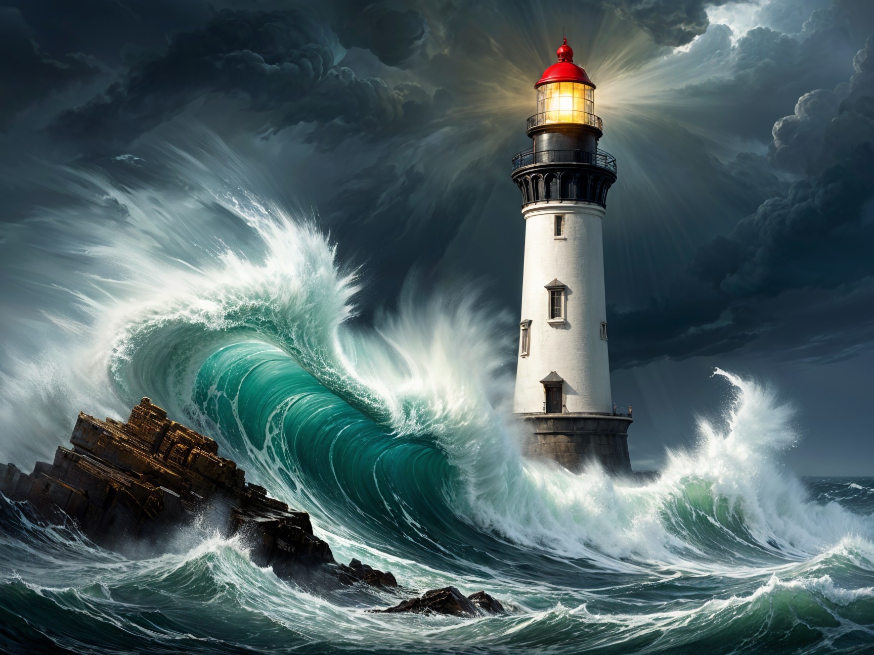 Lighthouse Against Stormy Seas and Rugged Waves