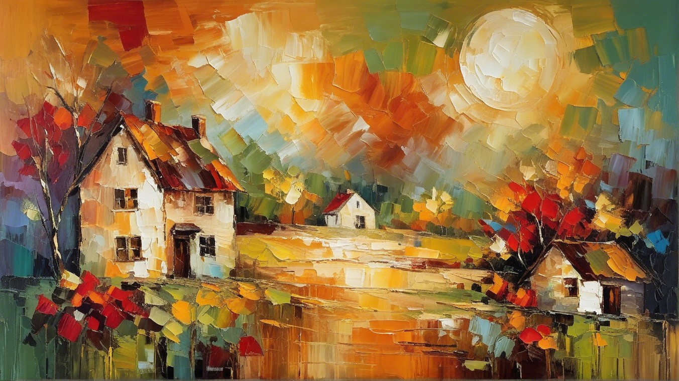 Vibrant Autumn Landscape with Charming Houses and Trees