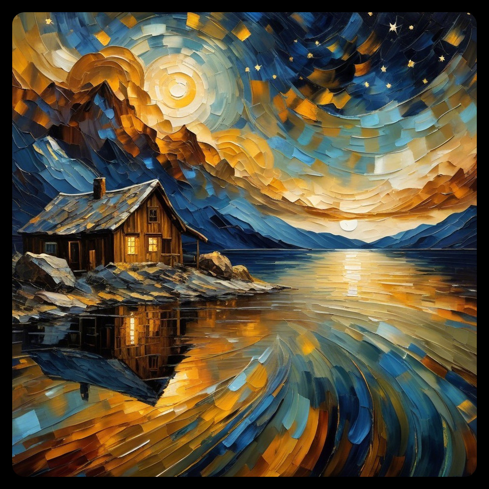 Lakeside Cabin Under Vibrant Night Sky and Mountains