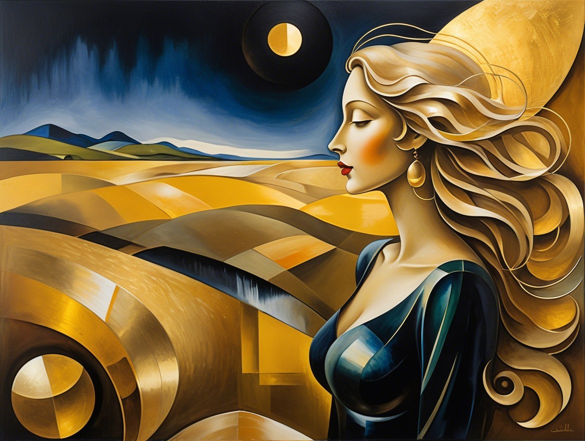 Serene Woman in Golden Landscape with Dark Sky