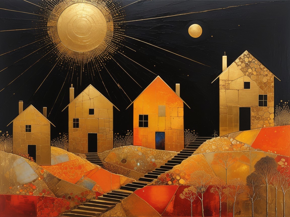 Vibrant Abstract Landscape with Golden Houses and Sky