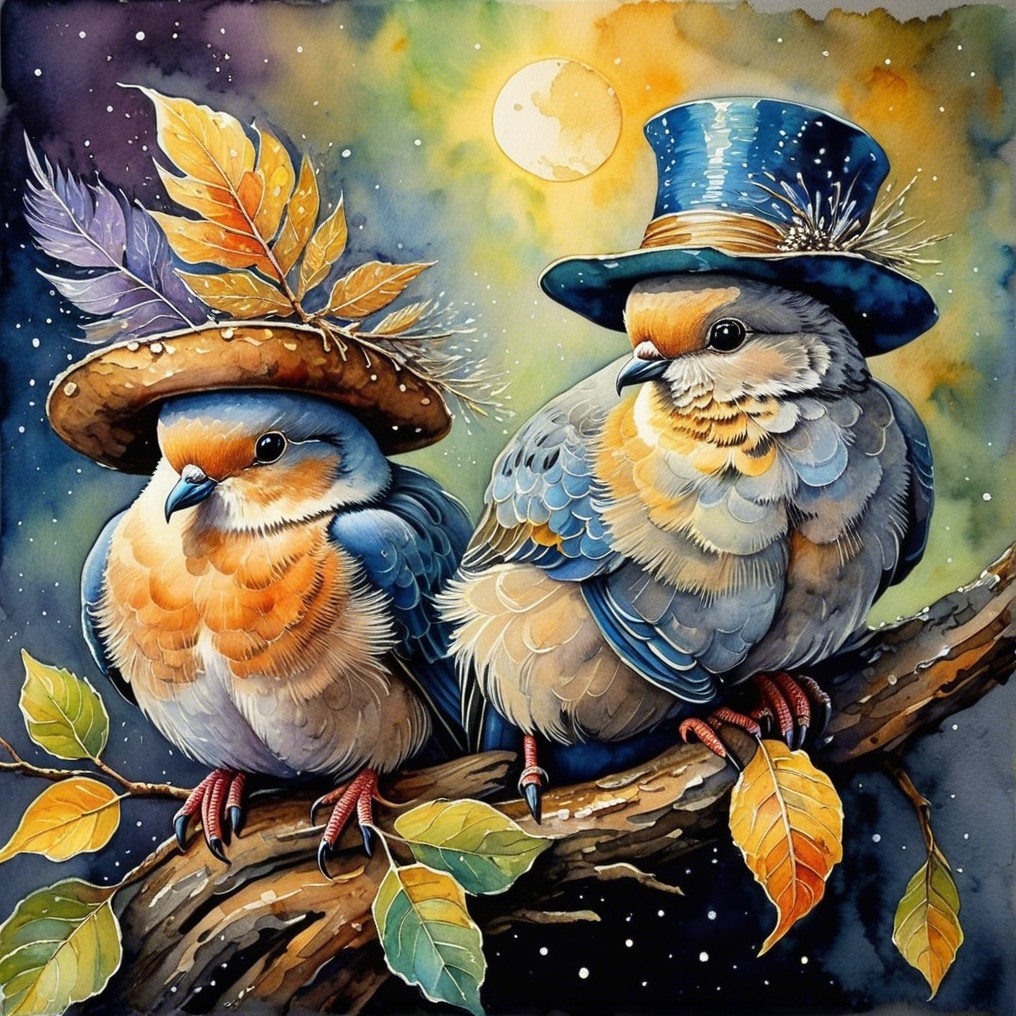 Plump Birds in Whimsical Hats Under Moonlit Sky