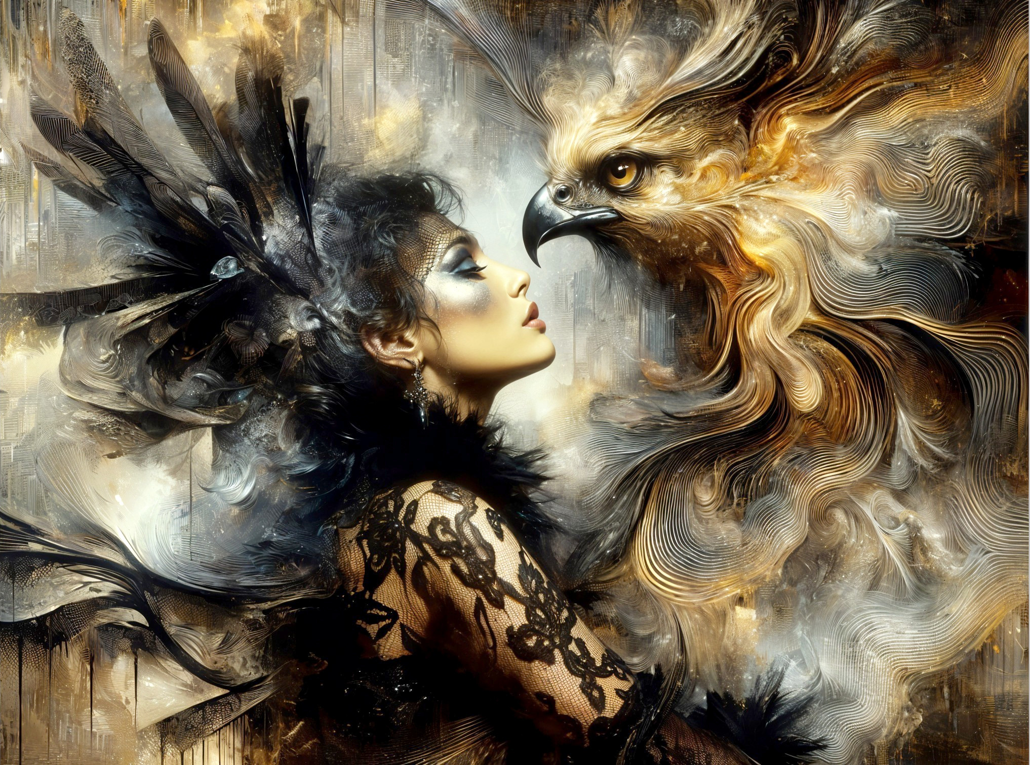 Portrait of a Woman with Eagle in Golden Patterns