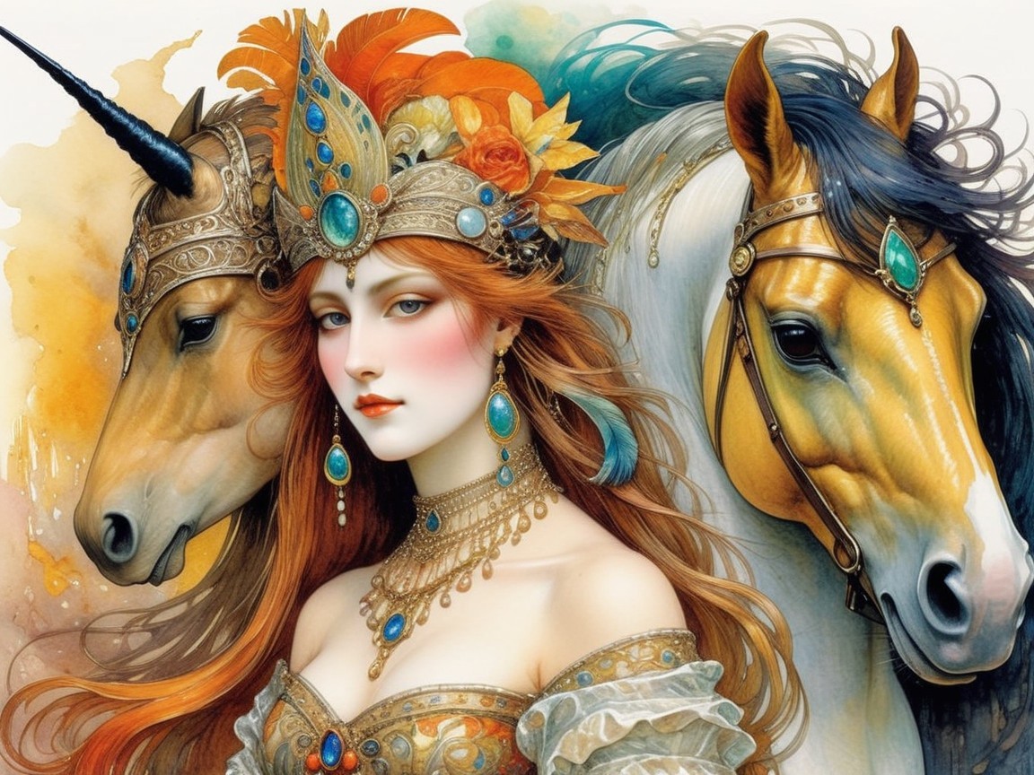 Regal woman with red hair beside unicorn and golden horse