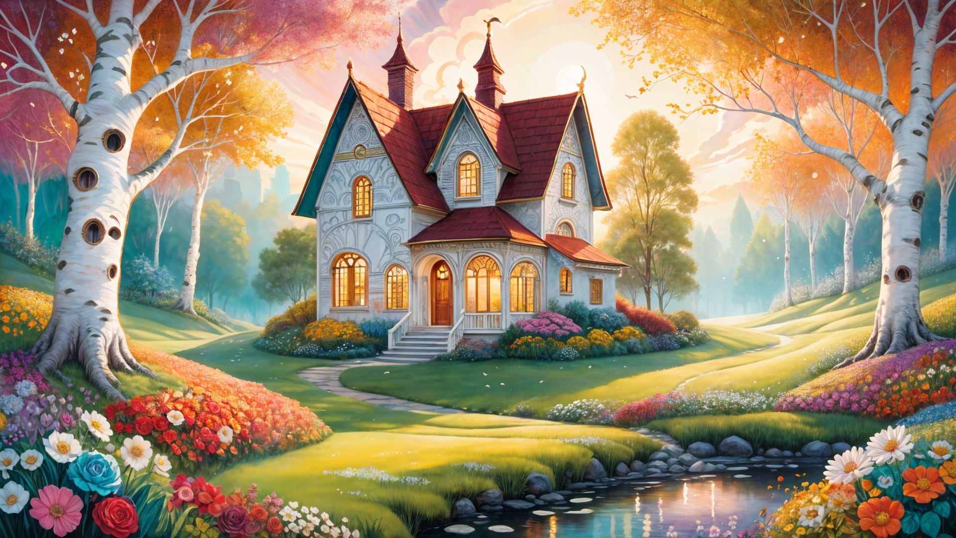 Whimsical Cottage in a Vibrant Natural Landscape