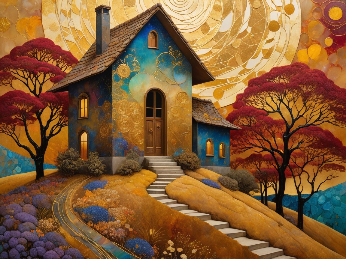 Whimsical House on Vibrant Hillside with Colorful Flora