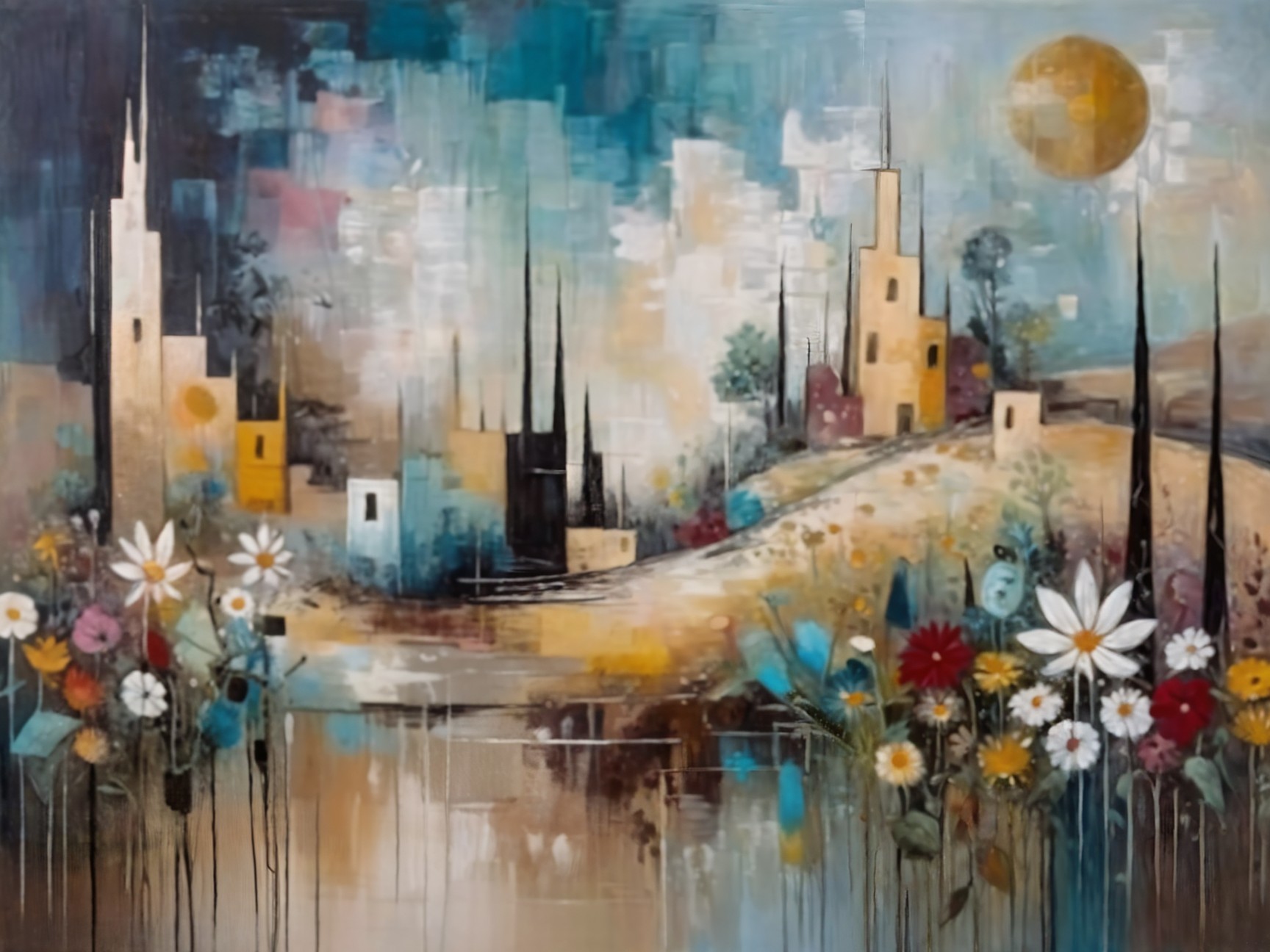 Vibrant Abstract Landscape with Whimsical Village