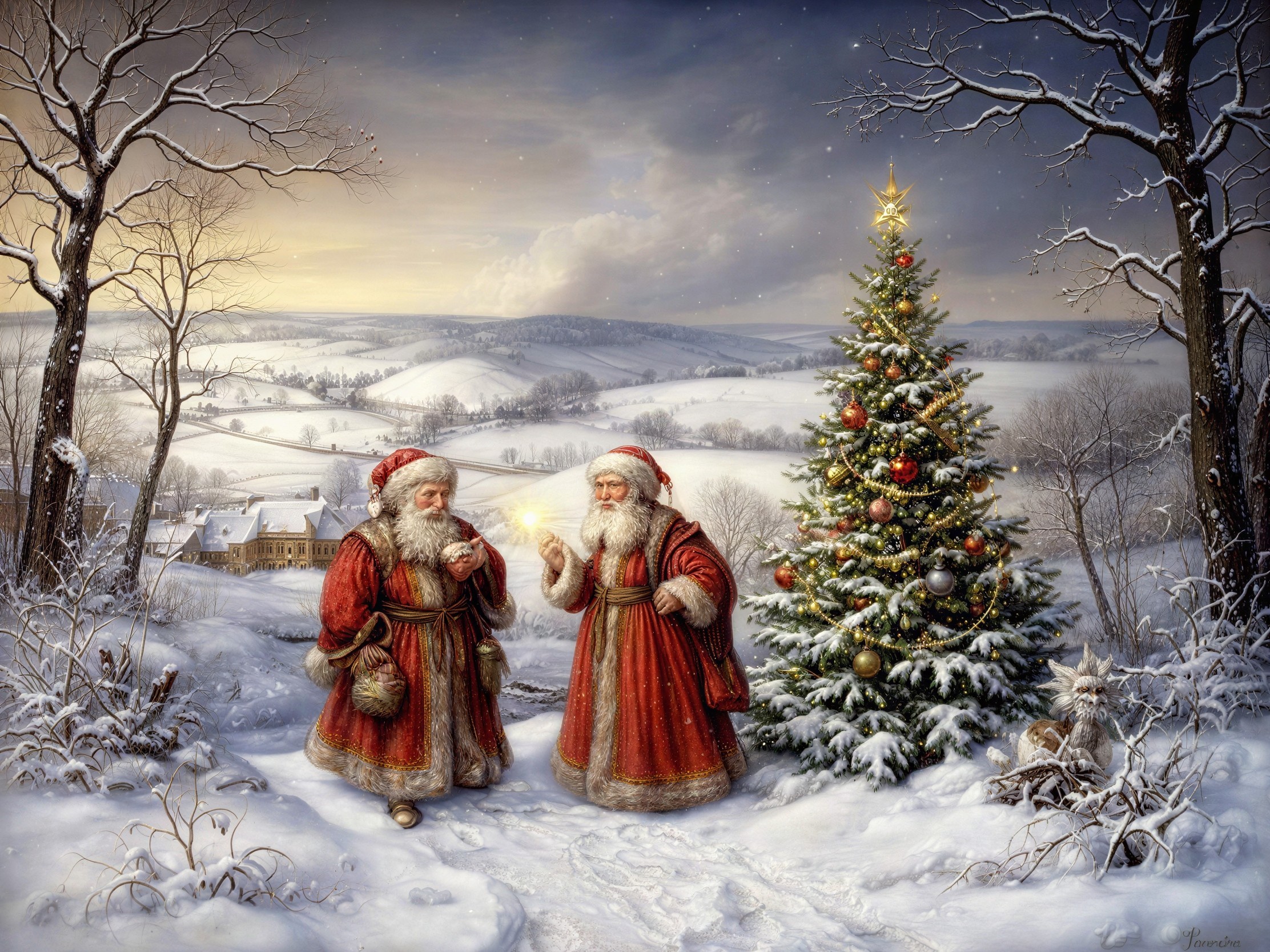 Santas in Red Robes in Snowy Christmas Landscape