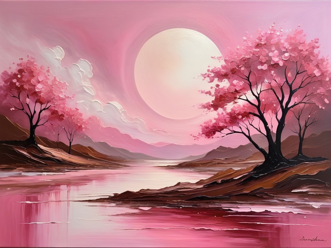Serene Landscape with Pink Tones and Cherry Blossoms