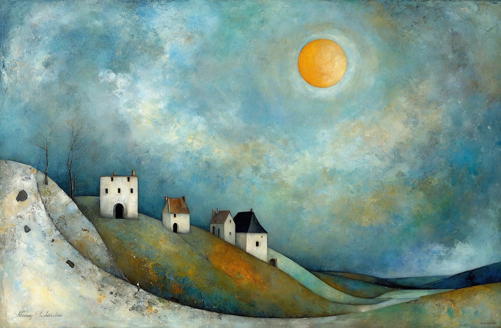 Serene Landscape with Abstract Houses and Hills