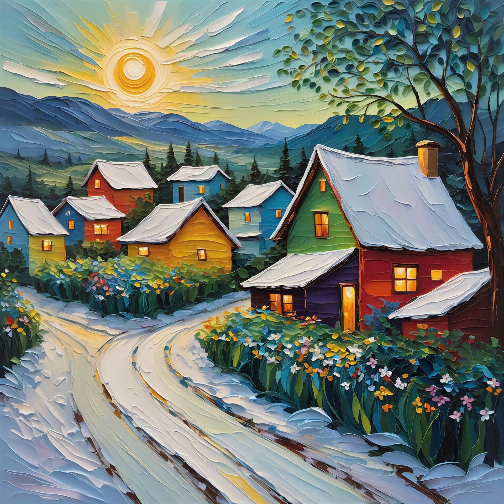 Impasto Painting of a Cozy Snowy Village Scene
