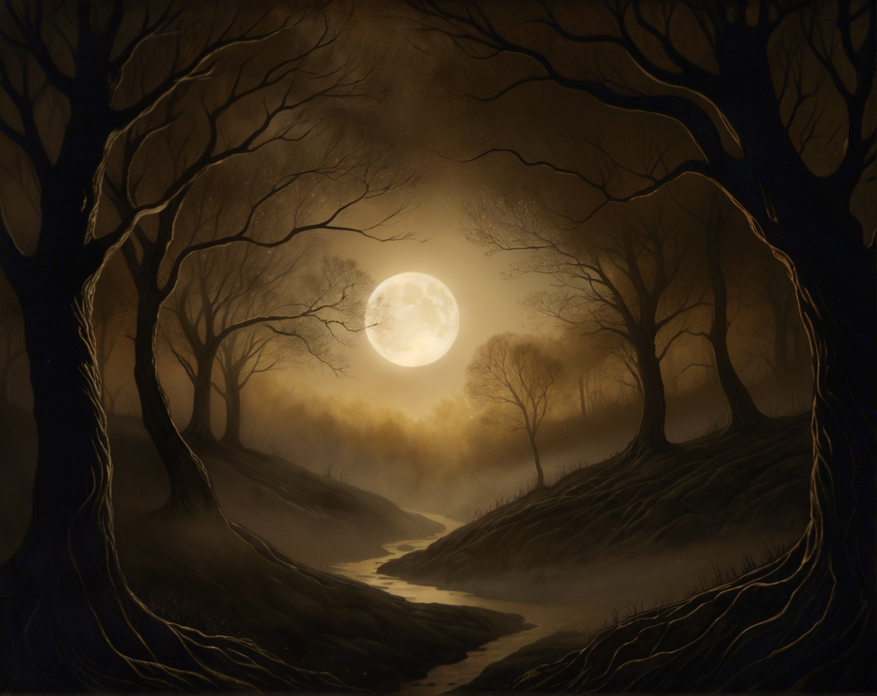 Haunting Night Scene in a Dense Forest with Moonlight