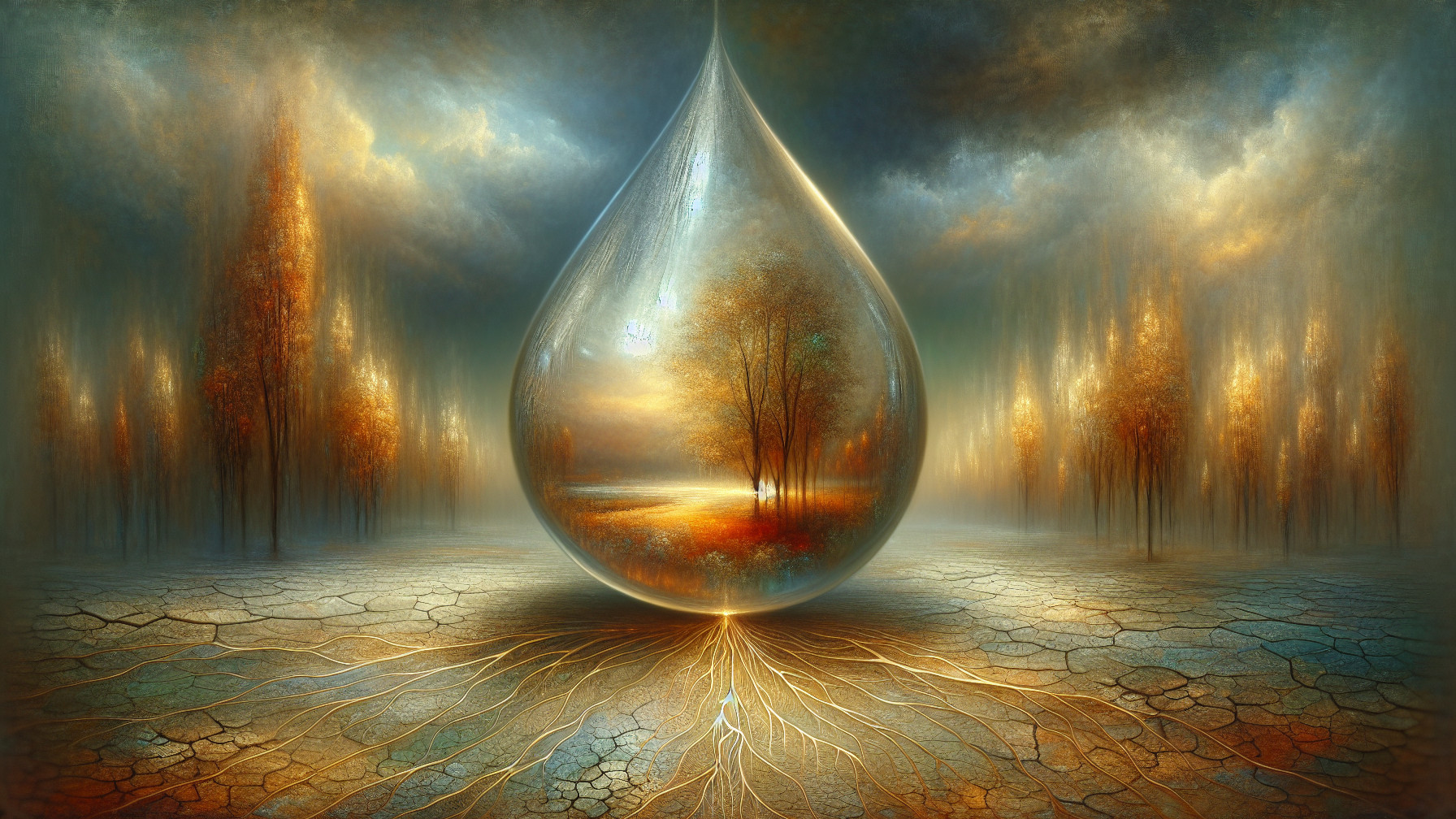 Surreal Landscape with Translucent Water Droplet