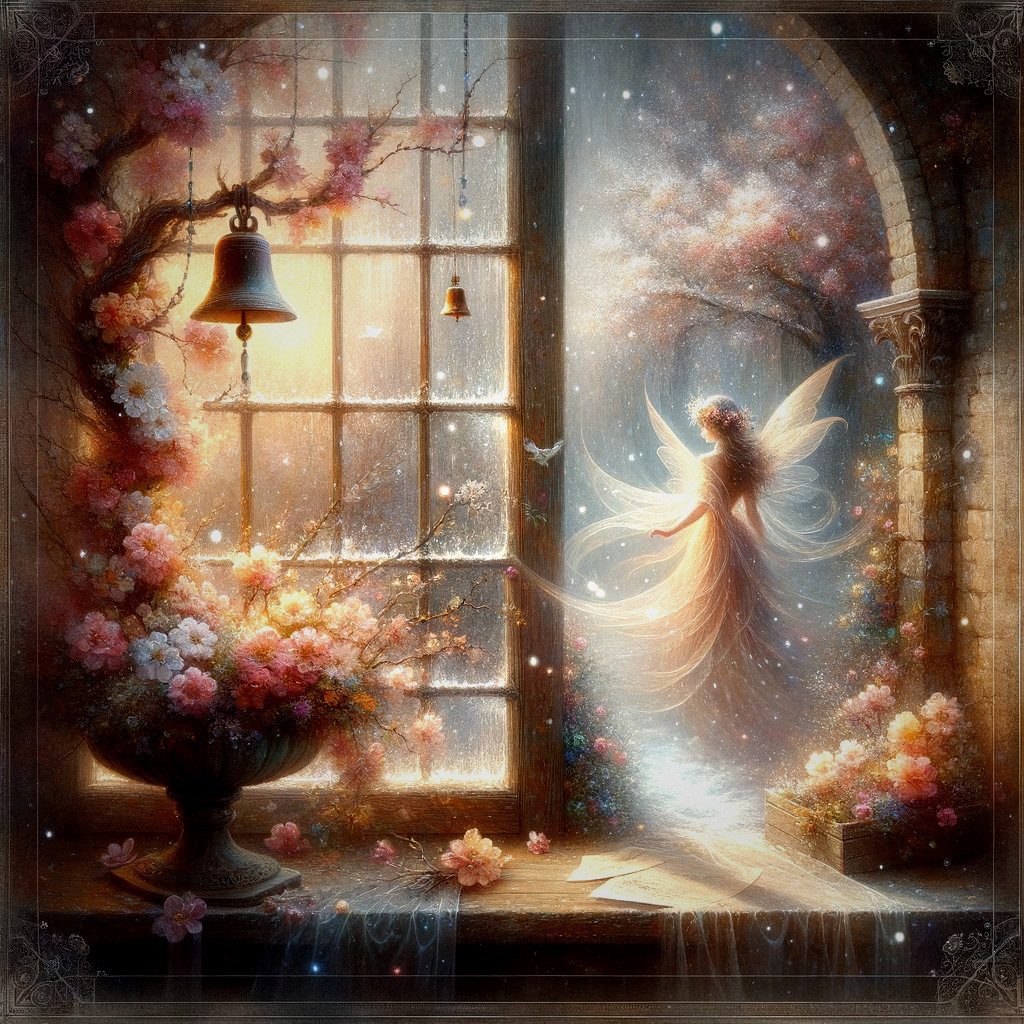 Fairy with Translucent Wings in Sunlit Blossoms