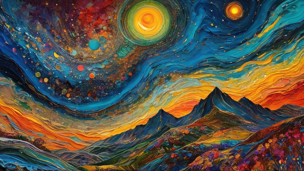 Vibrant Abstract Landscape with Cosmic Elements