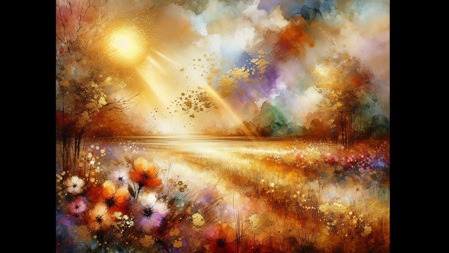 Vibrant Landscape Painting with Golden Hues and Pastels