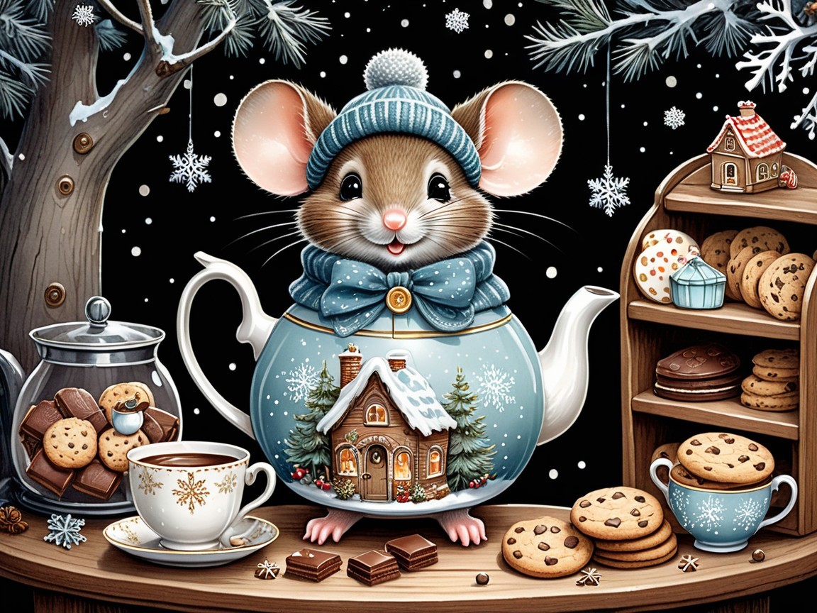 Cheerful Mouse on Winter Cottage Teapot with Cocoa