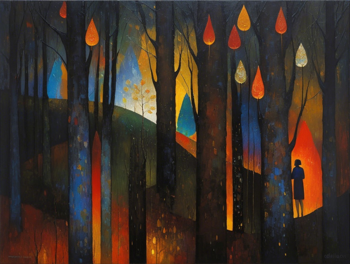 Vibrant Forest Scene with Colorful Teardrop Shapes