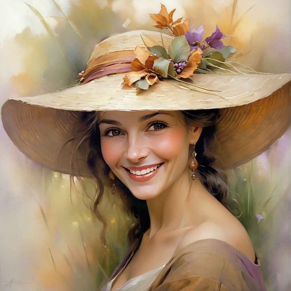 Young woman in floral straw hat with garden backdrop