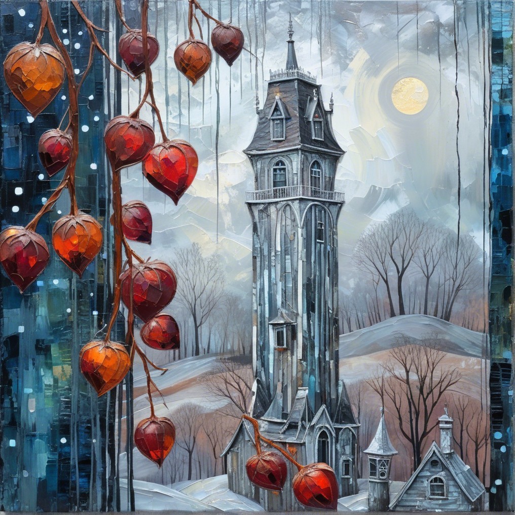 Gothic Tower in Haunting Winter Landscape Scene