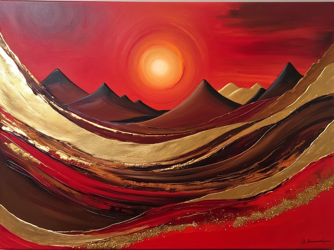 Vibrant Landscape with Reds, Golds, and Silhouetted Mountains