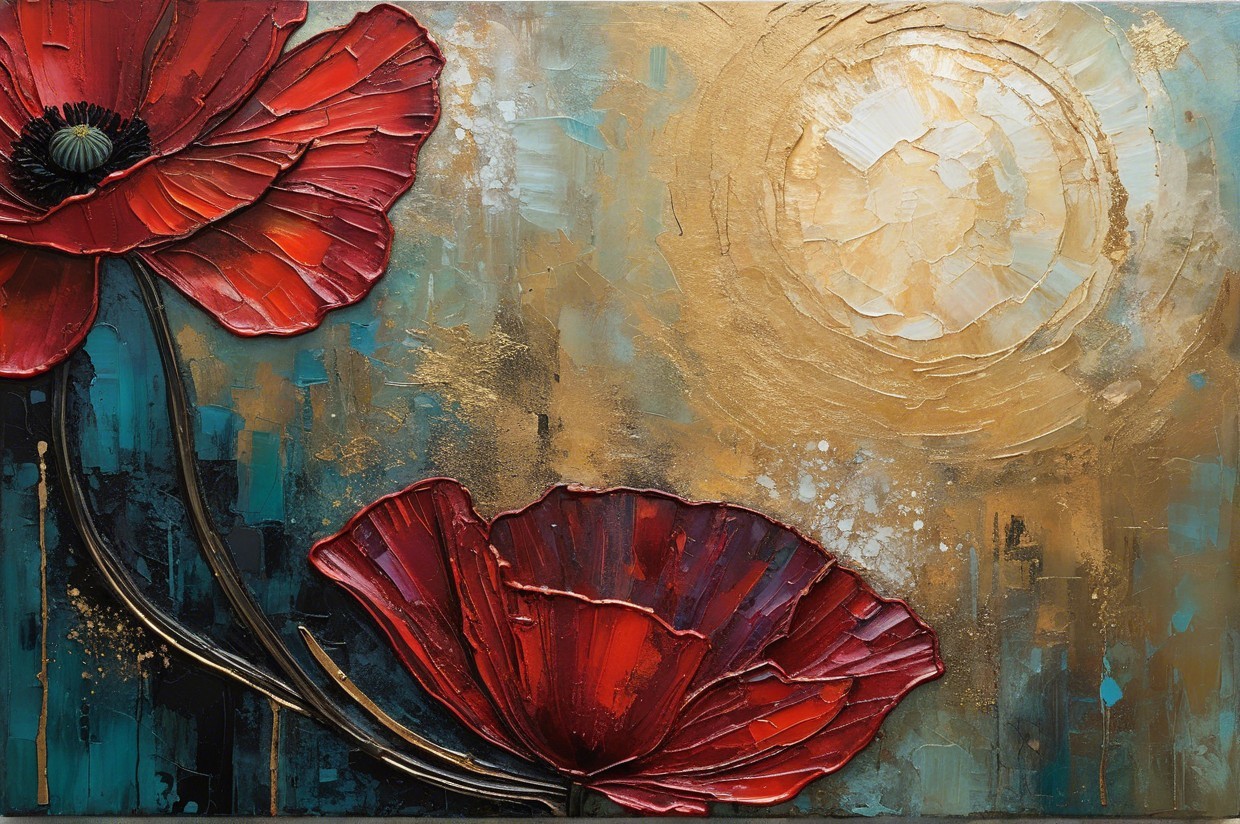 Vibrant Red Poppies on Gold and Teal Background