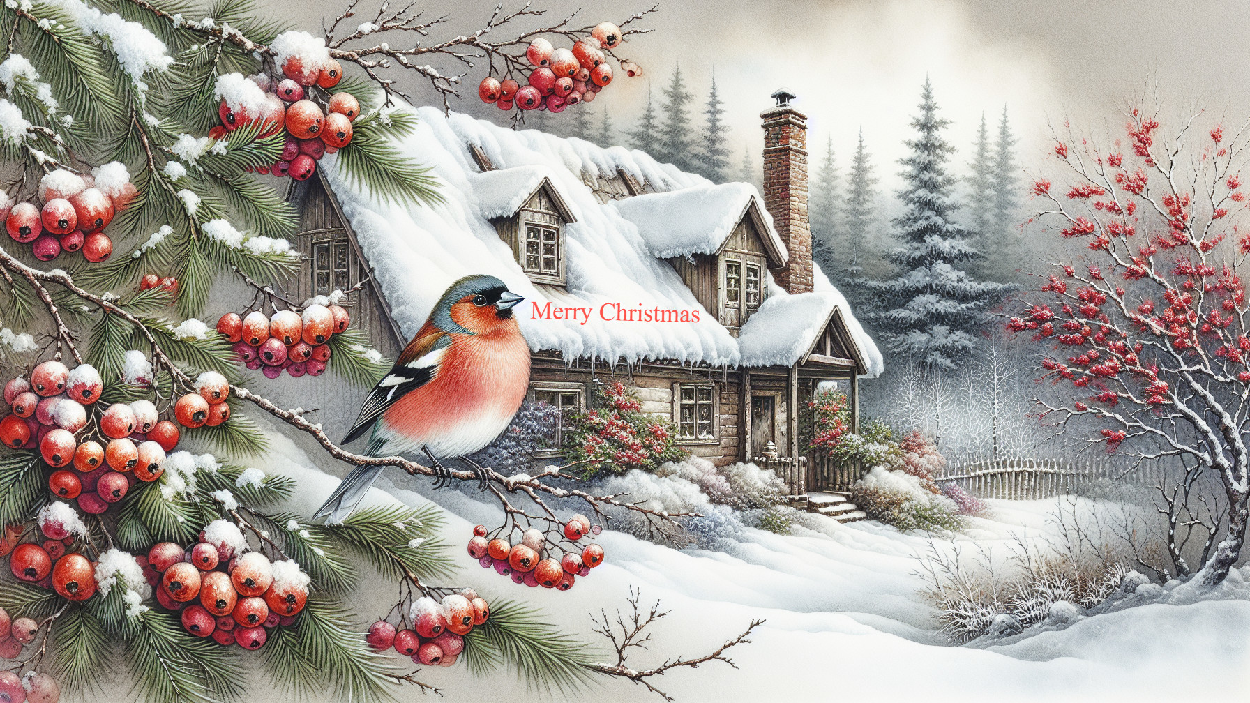 Cozy Cottage in Snowy Winter Landscape with Berries