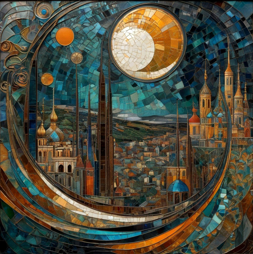 Vibrant Mosaic Landscape with City Skyline and Sun