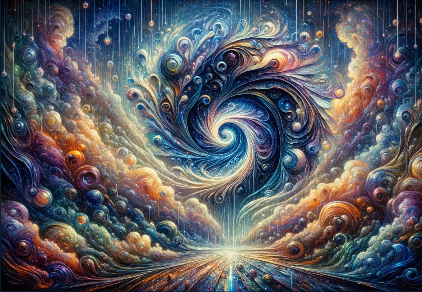 Abstract Painting: Swirling Blues and Purples with Cosmic Motifs