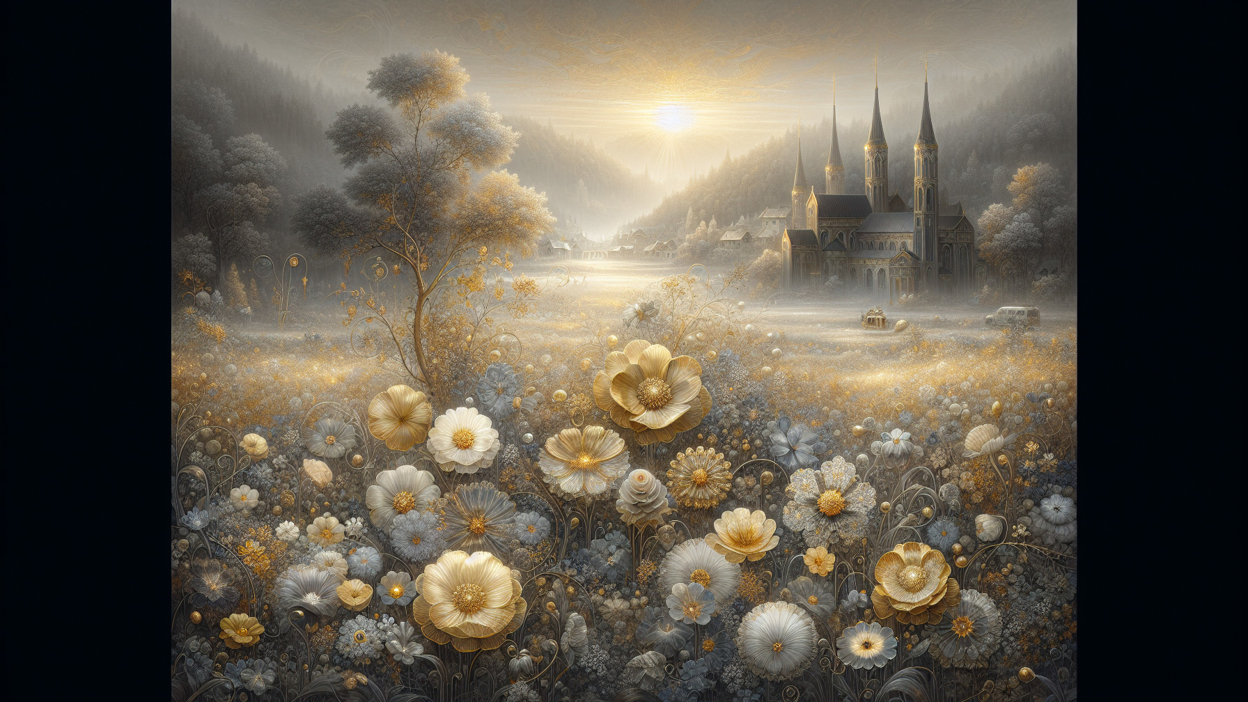 Serene landscape with flowers, lake, and church buildings