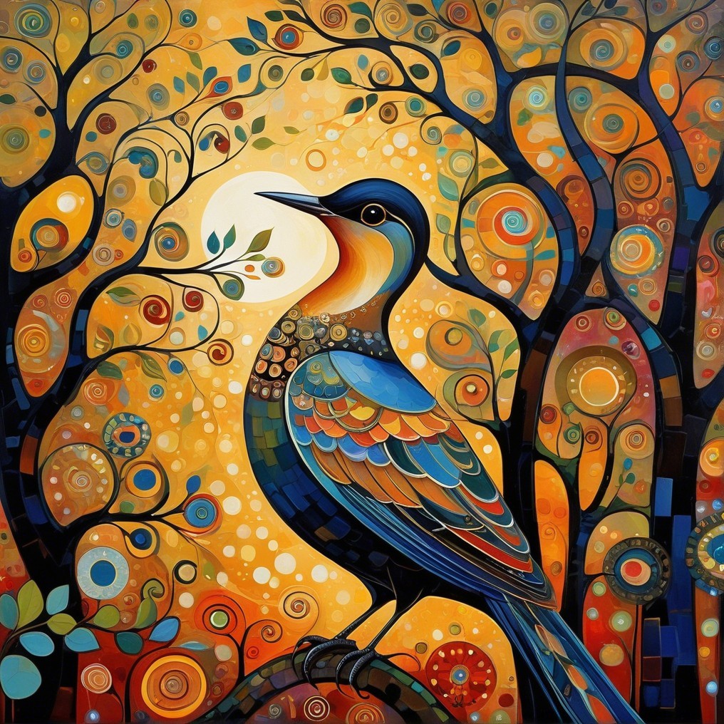 Vibrant Bird on Branch Amid Colorful Swirling Trees