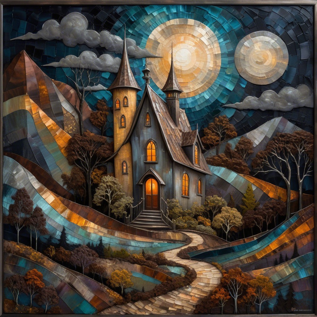 Whimsical Gothic House Under Dramatic Night Sky