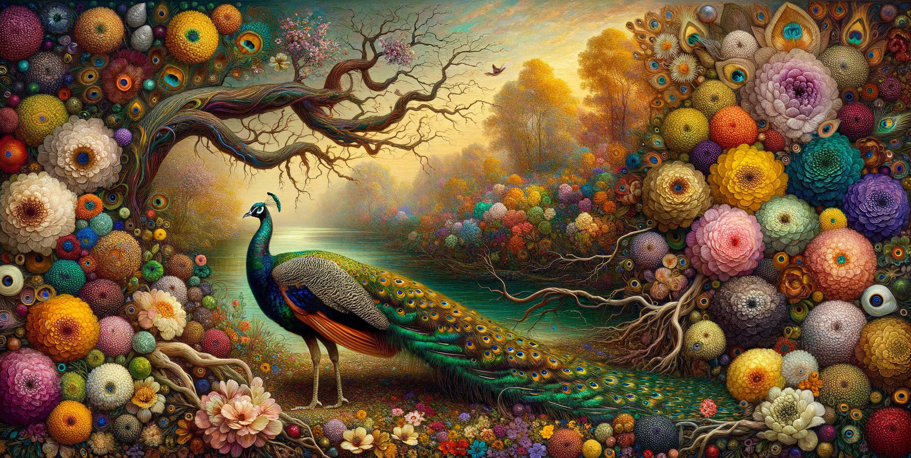 Vibrant Fantastical Landscape with Peacock and Flora
