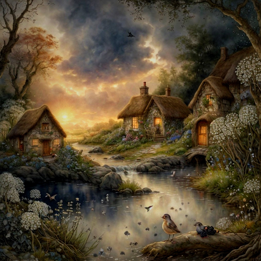 Charming Cottages by a Tranquil River at Sunset