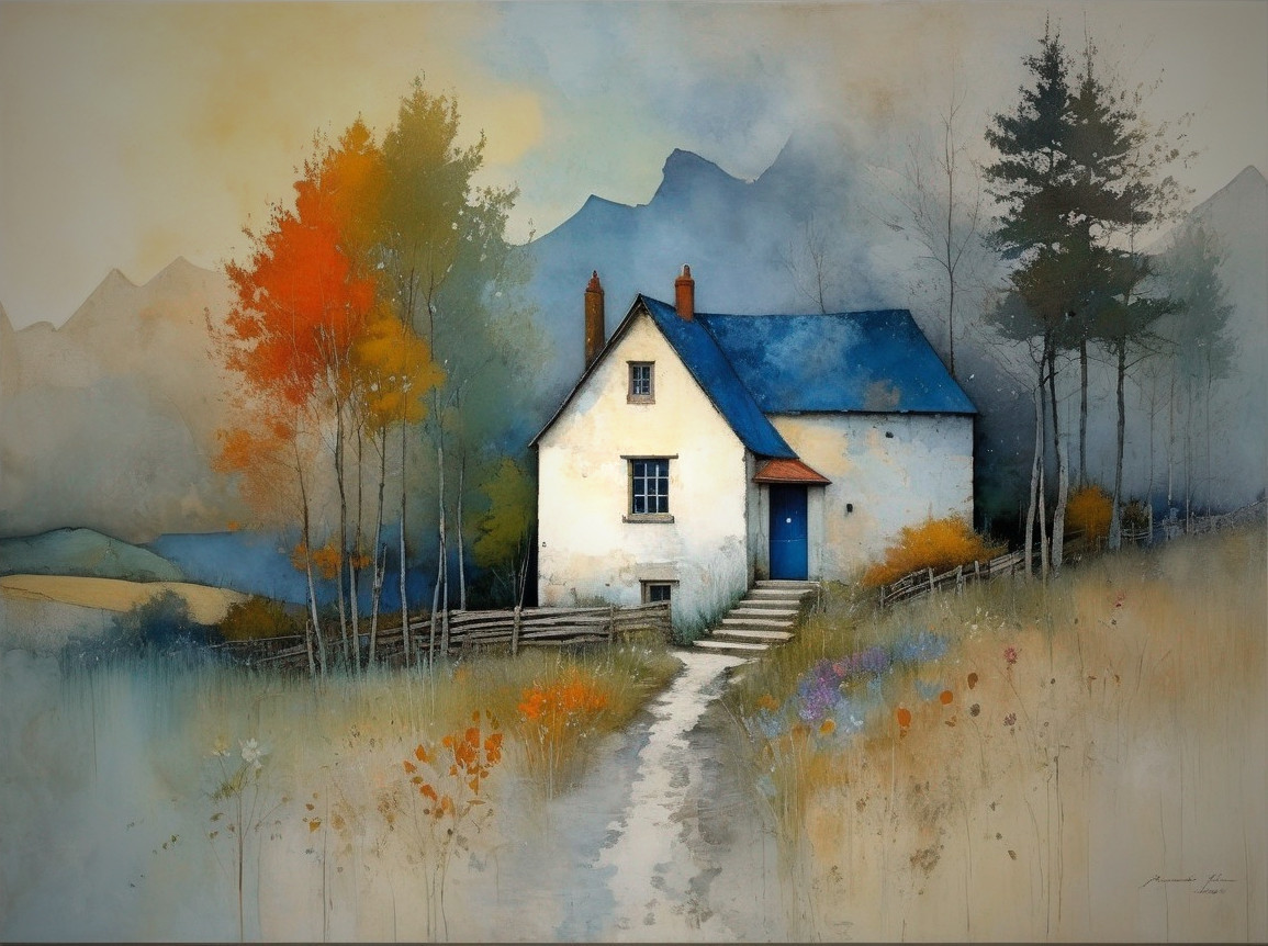 Quaint White House in Autumn Landscape with Mountains