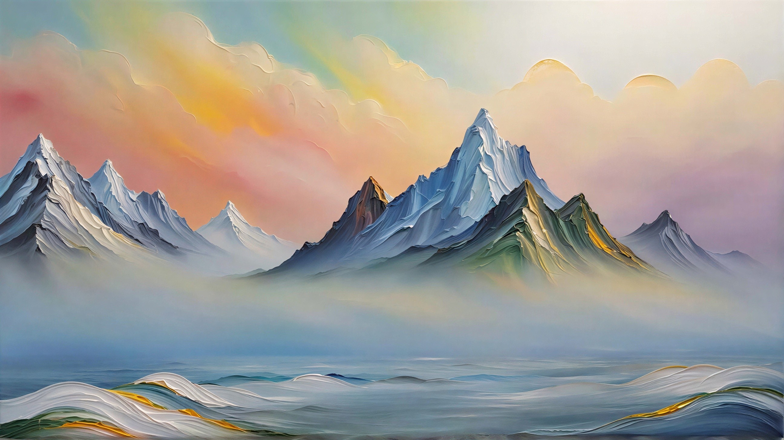 Oil Painting of Mountains and Colorful Sky