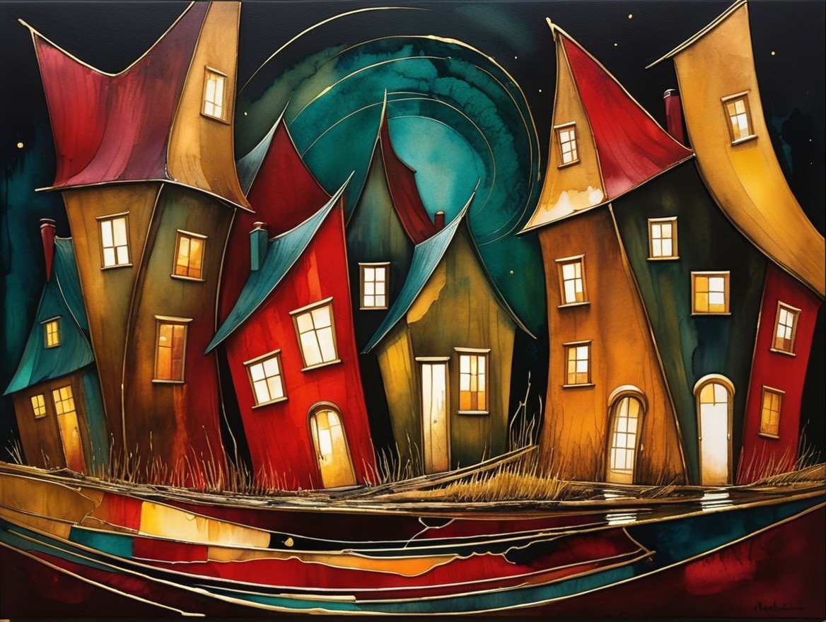 Whimsical Landscape with Colorful Distorted Houses