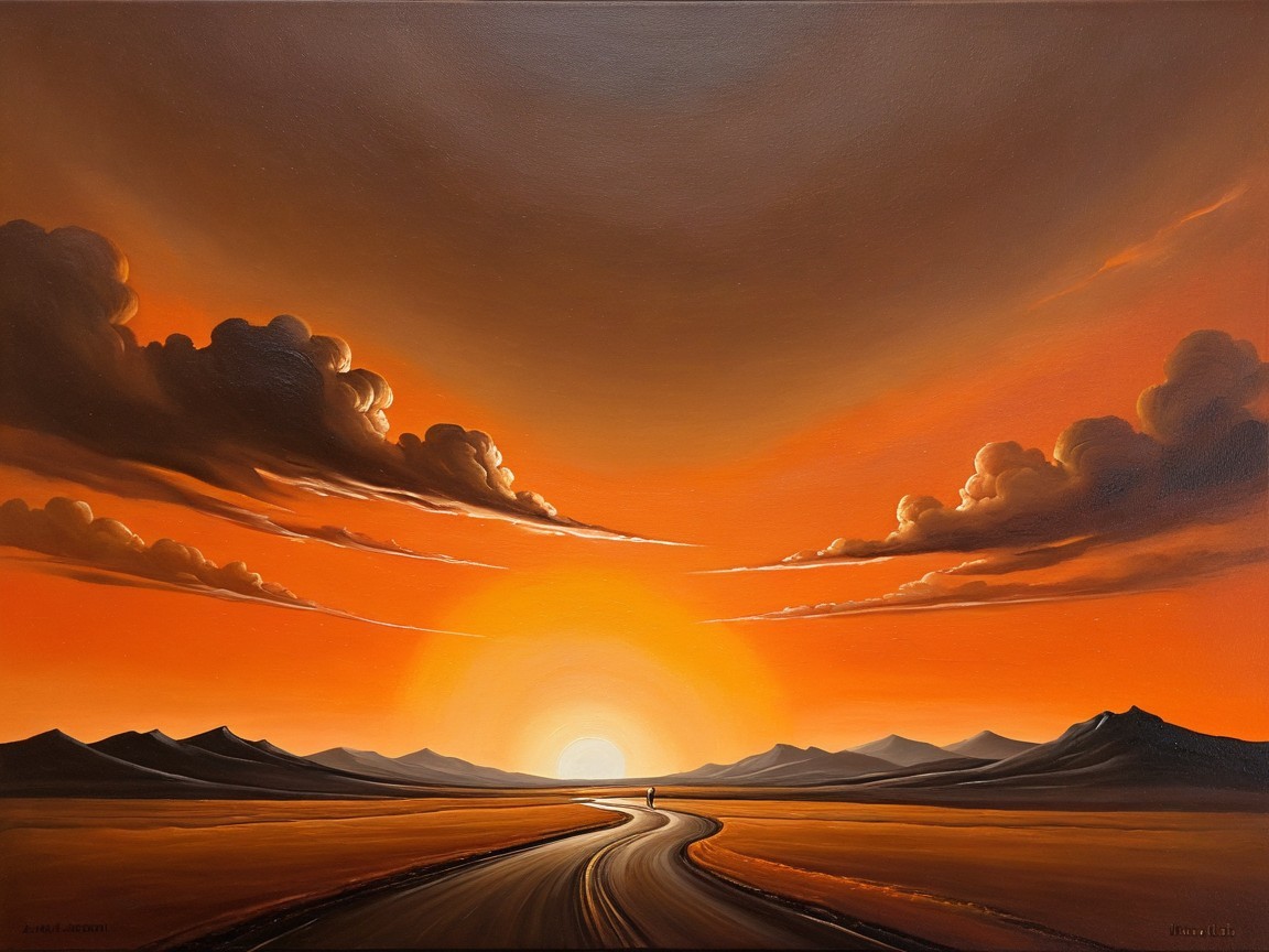Landscape Painting of Winding Road Under Orange Sky