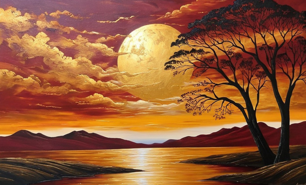 Dramatic Sunset Over Tranquil Lake with Moonlight