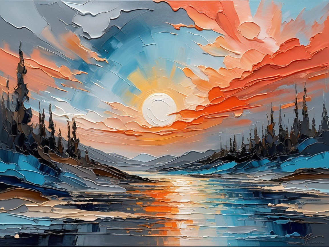 Vibrant Landscape Painting of Sunset Over a River