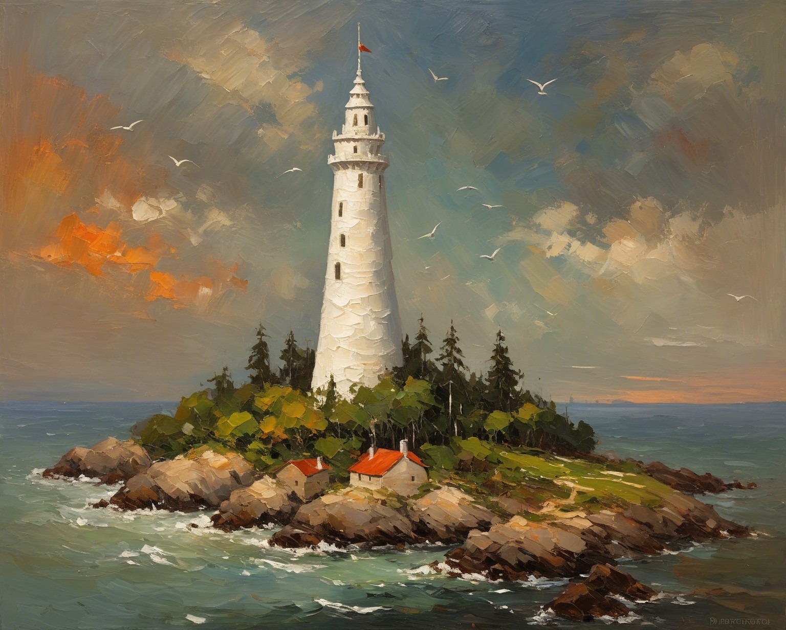 Plein Air Oil Painting of a Lighthouse at Shore